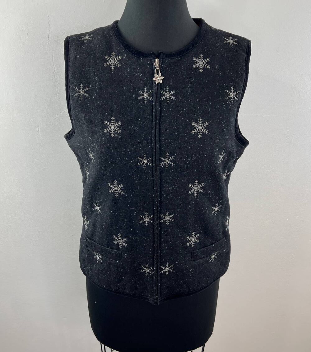 VTG TALBOTS Black White Snowflake Embroidered Print Full-Zip Wool Sweater Vest S